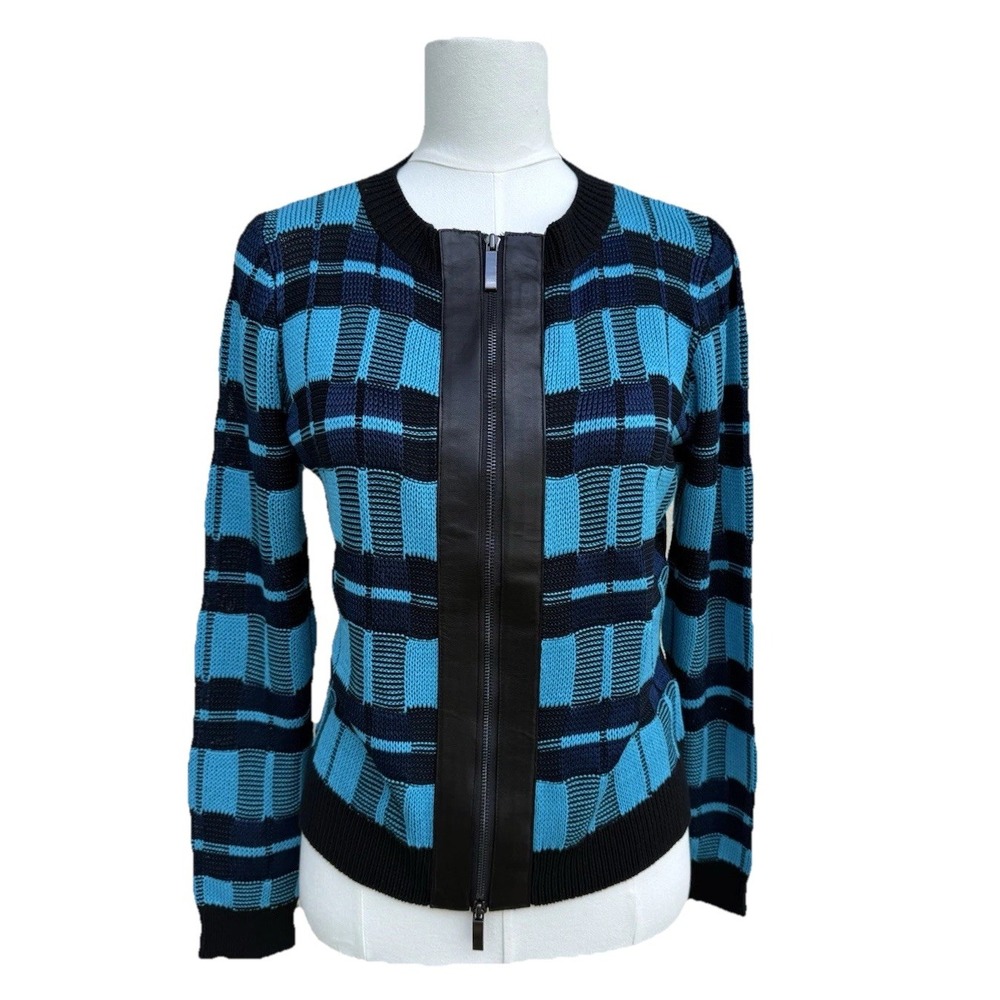 Rondina New York Blue Black Plaid Knit Zip Front Jacket Faux Leather Trim M